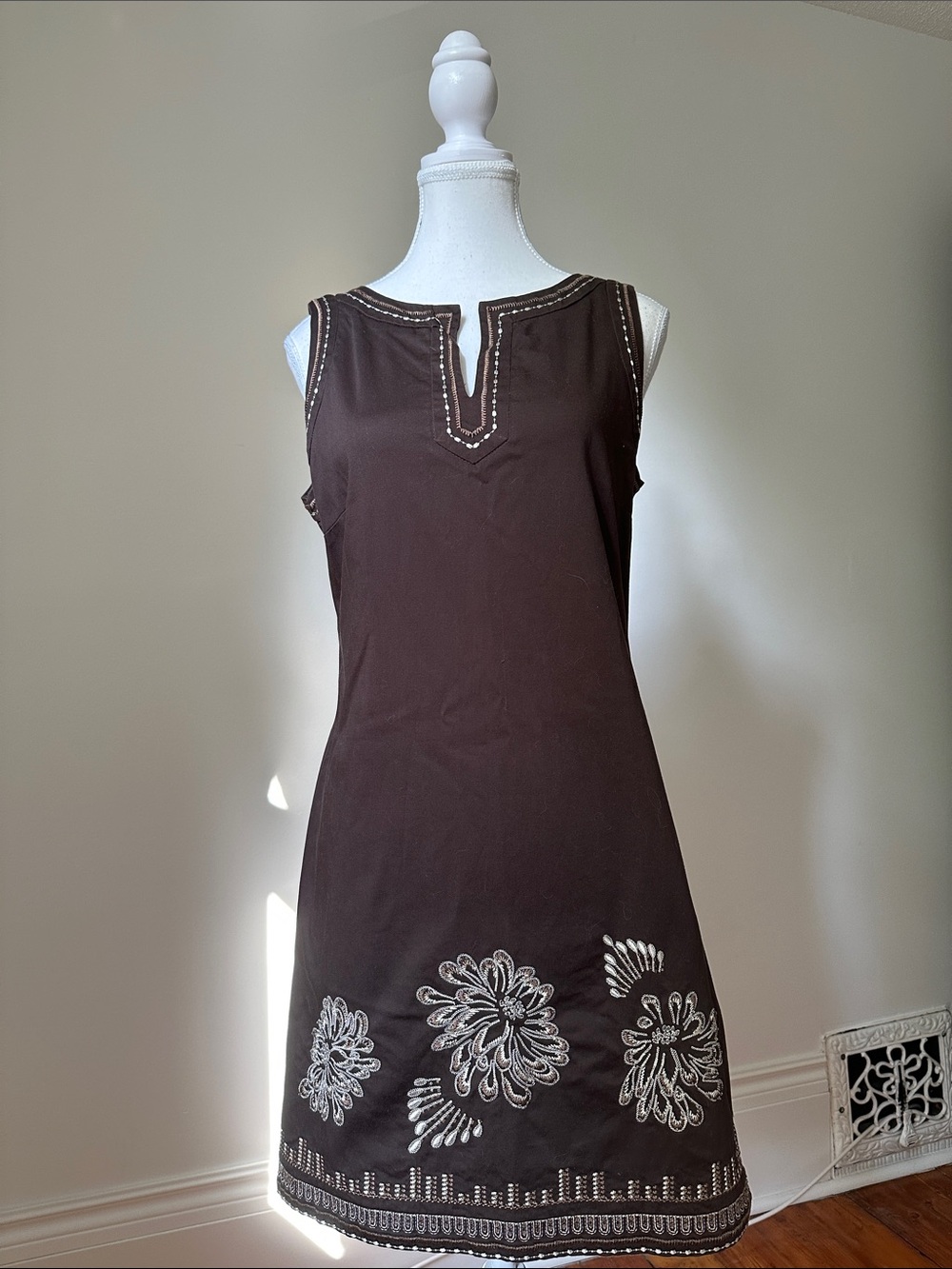 LE CHATEAU‎ Brown Y2K Floral Embroider Beach Tropical Preppy Summer Dress Medium